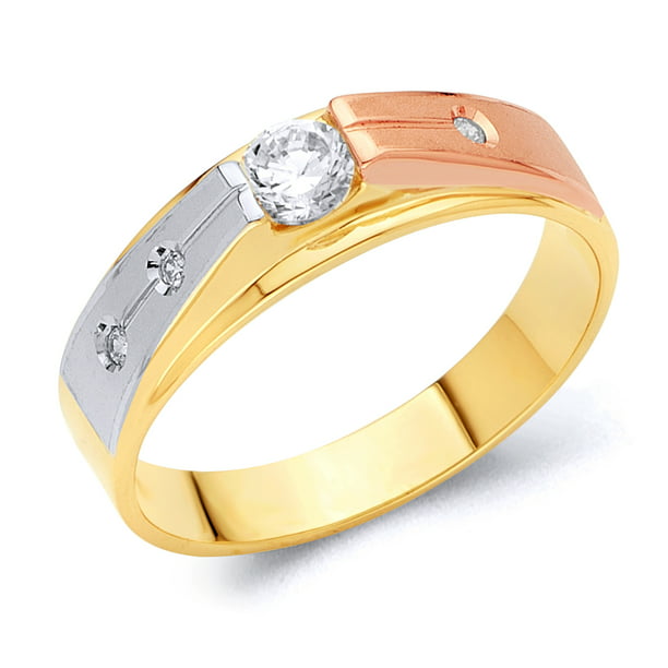 Wellingsale Mens 14K 3 Tri Color White Yellow and Rose/Pink Gold Polished CZ Cubic Zirconia Wedding Ring Band 